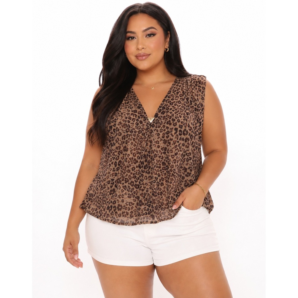 Nine Britton Womens 3X Leopard‎ Print V-Neck Mesh Knit Top Sleeveless Taupe NEW